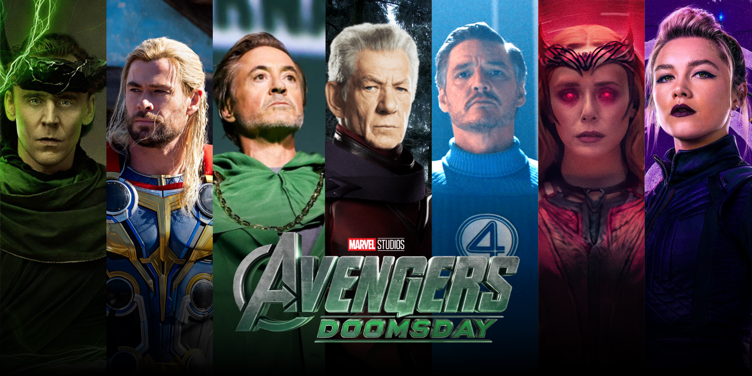 Avengers: Doomsday cast featuring Loki, Thor, Doctor Doom, Magneto, Mister Fantastic, Scarlet Witch and Black Widow.