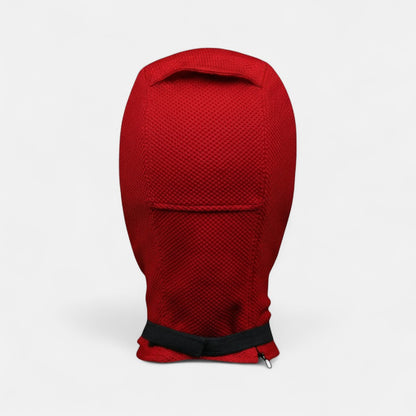 Deadpool mask fabric and leather eyes, deadpool and wolverine, deadpool mask with plain white background.