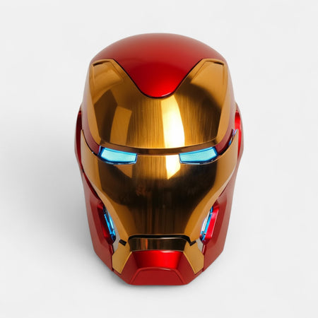 Iron Man MK50 Helmet front side with blue lights on a plain background.