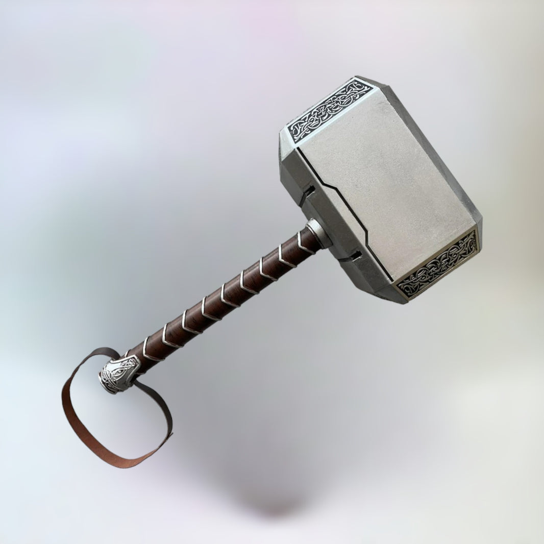 Thor's Hammer toy replica, made of rubber and plastic, with a total height of 44cm and a handle height of 30cm, displayed against a plain background
